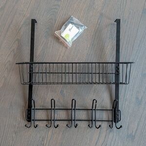 Over The Door Hooks with Basket Organizer with 10 Hooks, Black